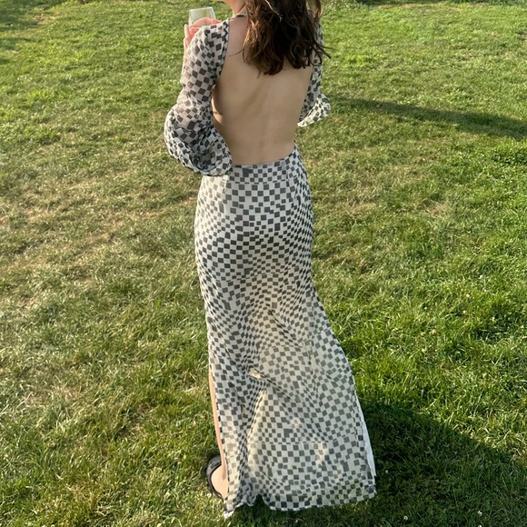 Nasty Gal Checkerboard Print Open Back Black and White Maxi Dress - Picture 4 of 5